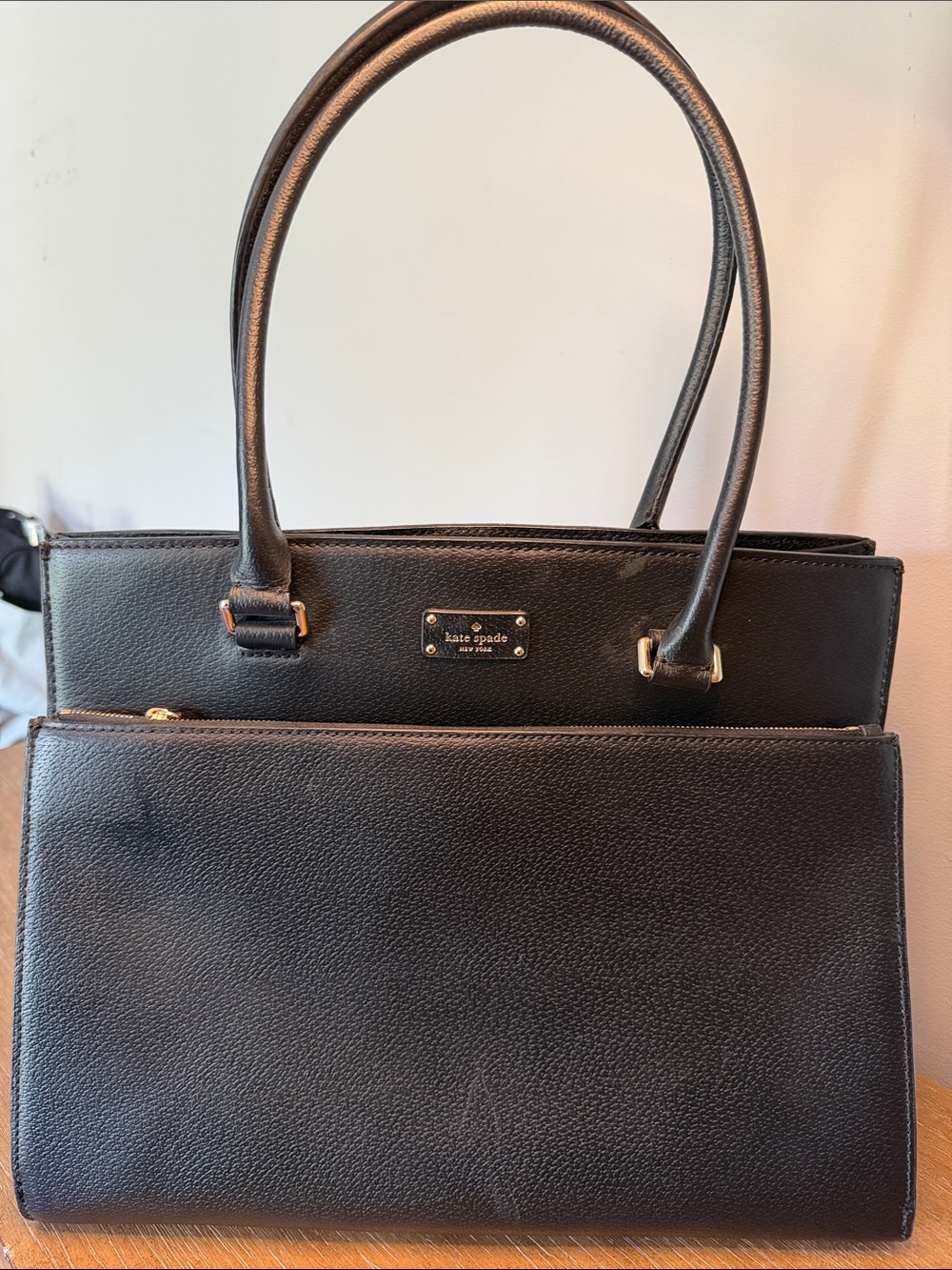 kate spade Black Pebbled Leather Tote with Front Zip Pocket